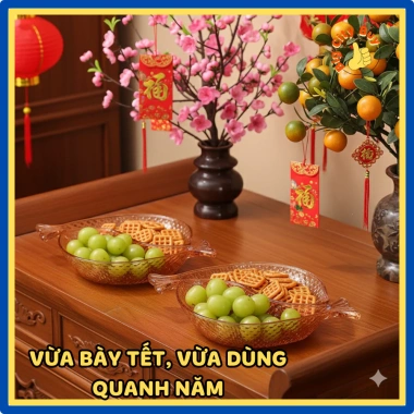 Đĩa Thủy Tinh Cá Song Ngư Hồ Phách Bày Mứt Tết Phong Thủy Quà Biếu Tài Lộc 314DT