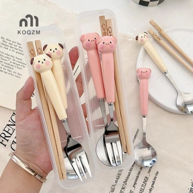 Đồ Ăn Hoạt Hình Chó Con Heo Thép Không Gỉ Muỗng Nĩa Dao Kéo Di Động Hộp Bảo Quản Trẻ Em