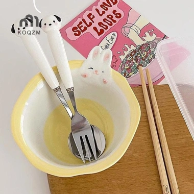 Đồ Ăn Hoạt Hình Chó Con Heo Thép Không Gỉ Muỗng Nĩa Dao Kéo Di Động Hộp Bảo Quản Trẻ Em