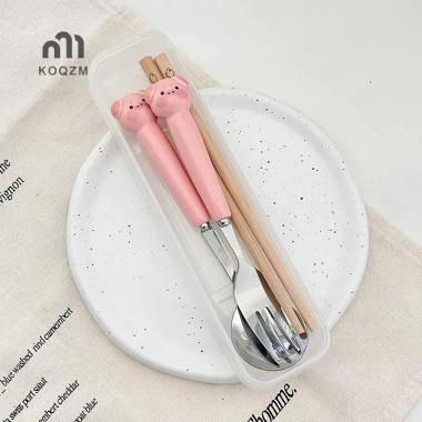 Đồ Ăn Hoạt Hình Chó Con Heo Thép Không Gỉ Muỗng Nĩa Dao Kéo Di Động Hộp Bảo Quản Trẻ Em