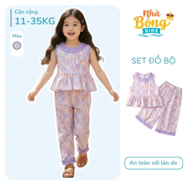 Đồ bé gái áo sát nách cổ tròn viền bèo + quần ống rộng họa tiết hoa dễ thương Kids