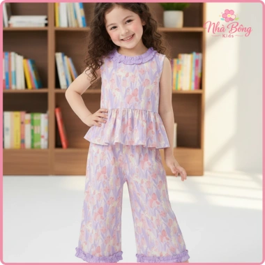 Đồ bé gái áo sát nách cổ tròn viền bèo + quần ống rộng họa tiết hoa dễ thương Kids