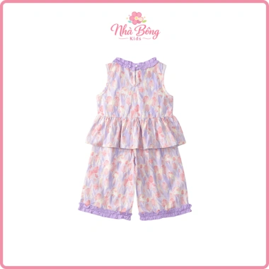 Đồ bé gái áo sát nách cổ tròn viền bèo + quần ống rộng họa tiết hoa dễ thương Kids
