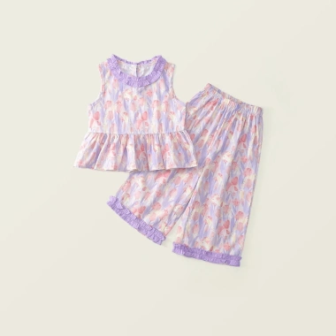 Đồ bé gái áo sát nách cổ tròn viền bèo + quần ống rộng họa tiết hoa dễ thương Kids
