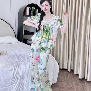 Đồ bộ lụa Latin mặc nhà cho nữ - Đồ ngủ ngắn tay tiểu thư mịn mát, họa tiết dễ thương, giá ưu đãi 179k