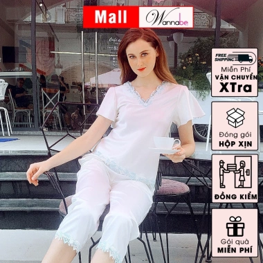 Đồ bộ lụa WANNABE quần dài áo cổ tim ren hoa nhẹ nhàng, thoải mái suốt ngày - BDS08 3