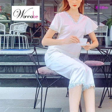 Đồ bộ lụa WANNABE quần dài áo cổ tim ren hoa nhẹ nhàng, thoải mái suốt ngày - BDS08 5