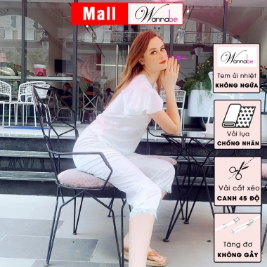 Đồ bộ lụa WANNABE quần dài áo cổ tim ren hoa nhẹ nhàng, thoải mái suốt ngày - BDS08 8
