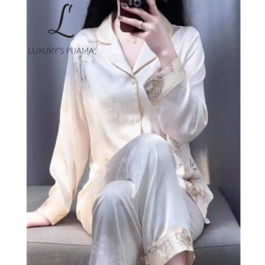Đồ bộ Luxury Pijama lụa latin cao cấp tay dài hoa vàng nhạt – Giá chỉ 280.800₫