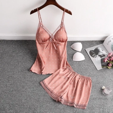 Đồ Bộ Mặc Nhà Hai Dây Quần Đùi Lụa Satin Họa Tiết Hisexy Mút Ngực - Giá 119k 4