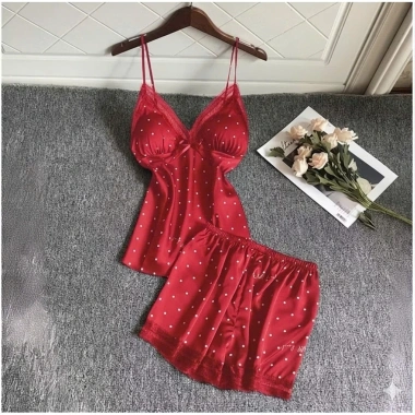 Đồ Bộ Mặc Nhà Hai Dây Quần Đùi Lụa Satin Họa Tiết Hisexy Mút Ngực - Giá 119k 8