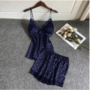Đồ Bộ Mặc Nhà Hai Dây Quần Đùi Lụa Satin Họa Tiết Hisexy Mút Ngực - Giá 119k 9