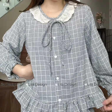 Đồ bộ mặc nhà kẻ caro nữ LILA dài cổ tròn, có túi, cotton thấm hút mồ hôi - P12 Design
