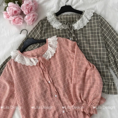 Đồ bộ mặc nhà kẻ caro nữ LILA dài cổ tròn, có túi, cotton thấm hút mồ hôi - P12 Design