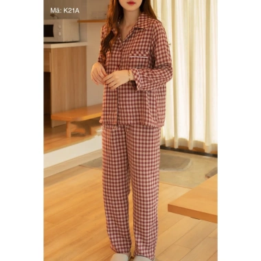 Đồ Bộ Mặc Nhà Nữ Lila Kẻ Caro Dài Cổ, Cotton Mềm Mịn, Thoải Mái, Giá 254.150 VND 2