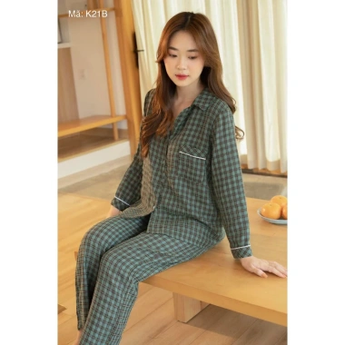 Đồ Bộ Mặc Nhà Nữ Lila Kẻ Caro Dài Cổ, Cotton Mềm Mịn, Thoải Mái, Giá 254.150 VND 3