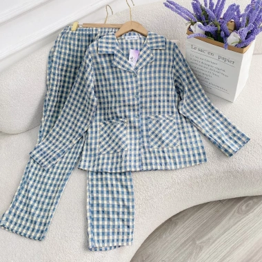 Đồ Bộ Mặc Nhà Nữ Lila Kẻ Caro Dài Cổ, Cotton Mềm Mịn, Thoải Mái, Giá 254.150 VND 7