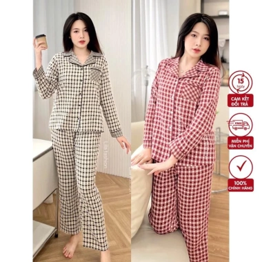 Đồ bộ mặc nhà nữ Suna Clothing P17 caro, cổ bẻ, cotton Nhật mềm mịn, giảm giá 299k