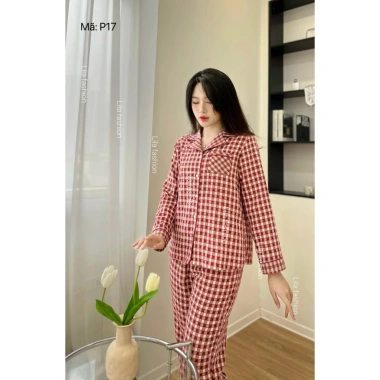 Đồ bộ mặc nhà nữ Suna Clothing P17 caro, cổ bẻ, cotton Nhật mềm mịn, giảm giá 299k