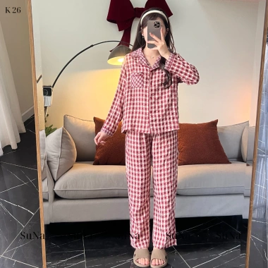 Đồ bộ mặc nhà nữ Suna Clothing P17 caro, cổ bẻ, cotton Nhật mềm mịn, giảm giá 299k