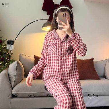 Đồ bộ mặc nhà nữ Suna Clothing P17 caro, cổ bẻ, cotton Nhật mềm mịn, giảm giá 299k