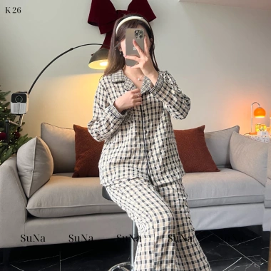 Đồ bộ mặc nhà nữ Suna Clothing P17 caro, cổ bẻ, cotton Nhật mềm mịn, giảm giá 299k