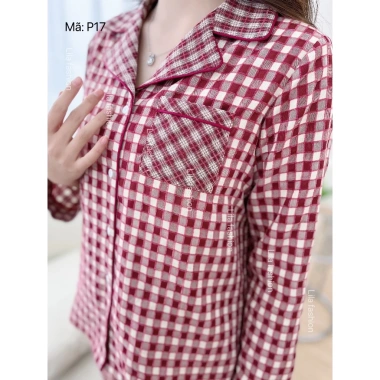 Đồ bộ mặc nhà nữ Suna Clothing P17 caro, cổ bẻ, cotton Nhật mềm mịn, giảm giá 299k