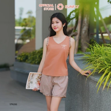Đồ bộ mặc nhà nữ SUNFLY áo cotton sát nách quần sooc kate ST9.293 giảm còn 419k