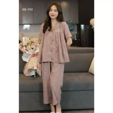 Đồ Bộ Mặc Nhà Pijama Lila Kẻ Sọc Cotton Mềm Mịn Dáng Babydoll Giá Chỉ 248.170₫
