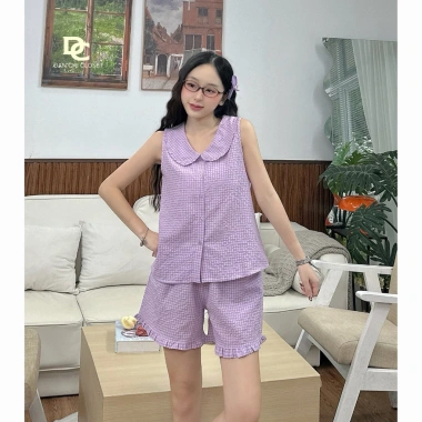 Đồ bộ mặc nhà quần đùi áo sát nách cổ sen cotton thoáng mát - Giá chỉ 195k