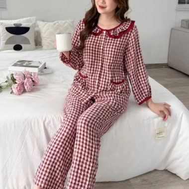 Đồ bộ mặc nhà tiểu thư cổ bèo nữ, đũi Caro xốp form đẹp sang trọng – Pink 145k 2