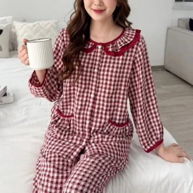 Đồ bộ mặc nhà tiểu thư cổ bèo nữ, đũi Caro xốp form đẹp sang trọng – Pink 145k 4