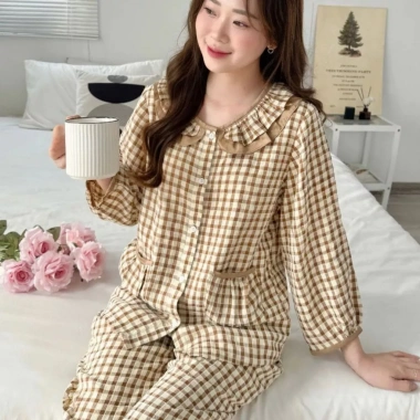 Đồ bộ mặc nhà tiểu thư cổ bèo nữ, đũi Caro xốp form đẹp sang trọng – Pink 145k 5