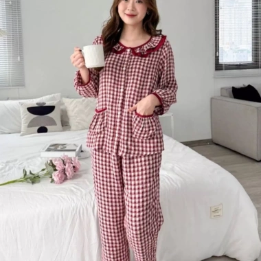 Đồ bộ mặc nhà tiểu thư cổ bèo nữ, đũi Caro xốp form đẹp sang trọng – Pink 145k 6