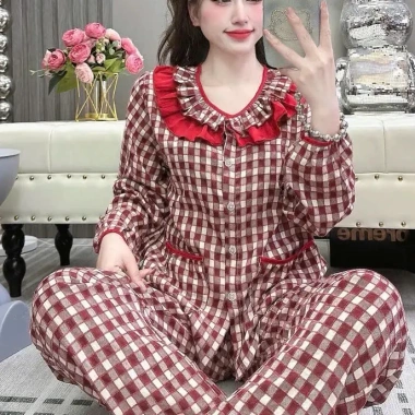 Đồ bộ mặc nhà tiểu thư cổ bèo nữ, đũi Caro xốp form đẹp sang trọng – Pink 145k 8