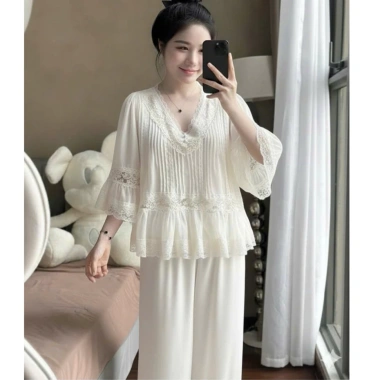 Đồ Bộ Ngủ Tiểu Thư Áo Cổ V Xếp Ly Lụa Latin Mềm Mịn Free Size 40-58kg 229k