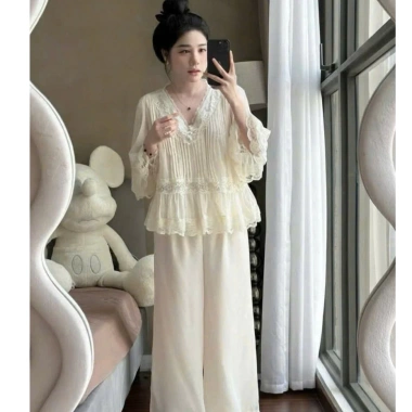 Đồ Bộ Ngủ Tiểu Thư Áo Cổ V Xếp Ly Lụa Latin Mềm Mịn Free Size 40-58kg 229k