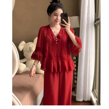 Đồ Bộ Ngủ Tiểu Thư Áo Cổ V Xếp Ly Lụa Latin Mềm Mịn Free Size 40-58kg 229k