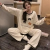 Đồ bộ nỉ gấu Bear chấm bi nữ dài tay màu kem 2 size S M mềm mịn giá ưu đãi 149k 2