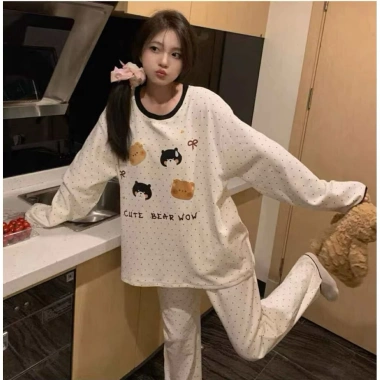 Đồ bộ nỉ gấu Bear chấm bi nữ dài tay màu kem 2 size S M mềm mịn giá ưu đãi 149k