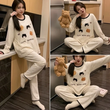 Đồ bộ nỉ gấu Bear chấm bi nữ dài tay màu kem 2 size S M mềm mịn giá ưu đãi 149k