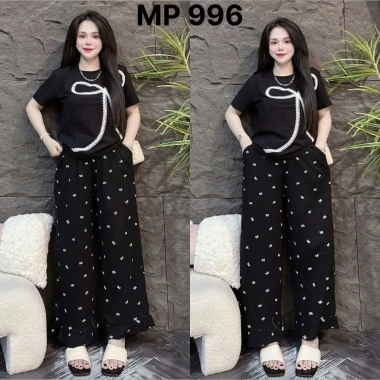 Đồ bộ nữ áo cotton họa tiết số 7+quần ống rộng nơ - Mặc nhà thoải mái, 199k