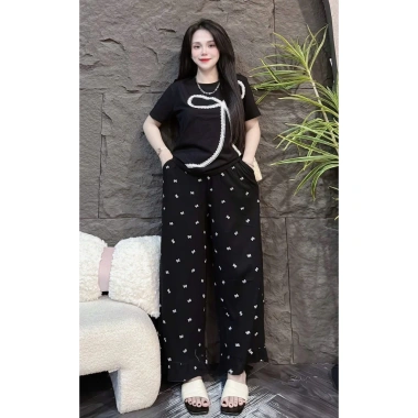 Đồ bộ nữ áo cotton họa tiết số 7+quần ống rộng nơ - Mặc nhà thoải mái, 199k
