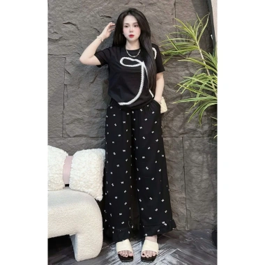 Đồ bộ nữ áo cotton họa tiết số 7+quần ống rộng nơ - Mặc nhà thoải mái, 199k