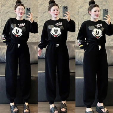 Đồ bộ nữ áo phông nỉ dài tay Mickey quần dài bo gấu cạp chun dây rút 129k