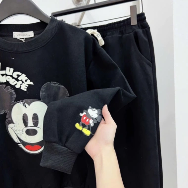 Đồ bộ nữ áo phông nỉ dài tay Mickey quần dài bo gấu cạp chun dây rút 129k
