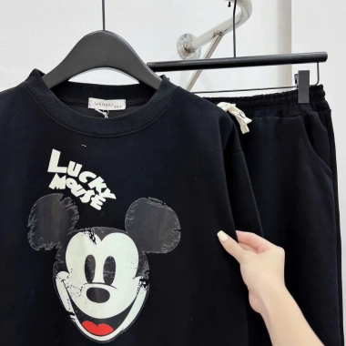 Đồ bộ nữ áo phông nỉ dài tay Mickey quần dài bo gấu cạp chun dây rút 129k
