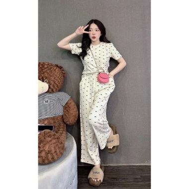 Đồ bộ nữ cotton D29 size 40-85kg, quần dài ống rộng họa tiết nơ, set fullsize đi chơi, mặc nhà - giá 165.454₫