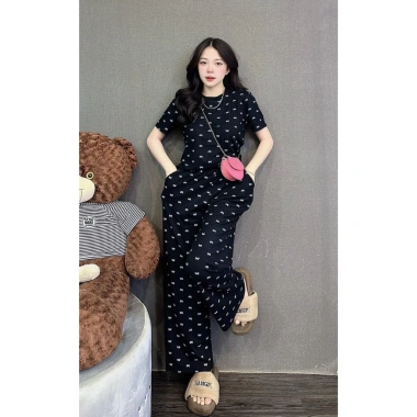 Đồ bộ nữ cotton D29 size 40-85kg, quần dài ống rộng họa tiết nơ, set fullsize đi chơi, mặc nhà - giá 165.454₫