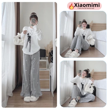 Đồ bộ nữ cotton in hình chó, quần ống suông và áo dài tay Xiaomimi - Giá 229k